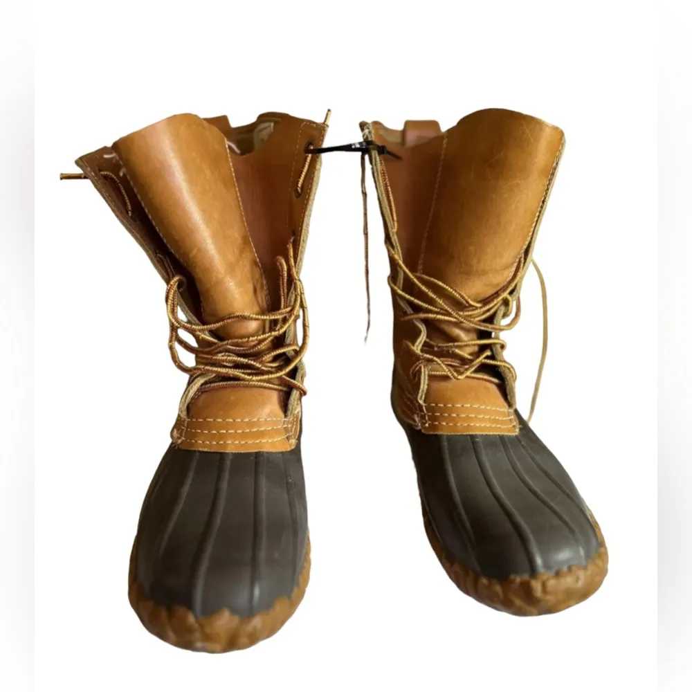 LL Bean 8" Tan Leather Blue 212880 Unlined USA Made Duck Boots US unixes size L8 - Image 3