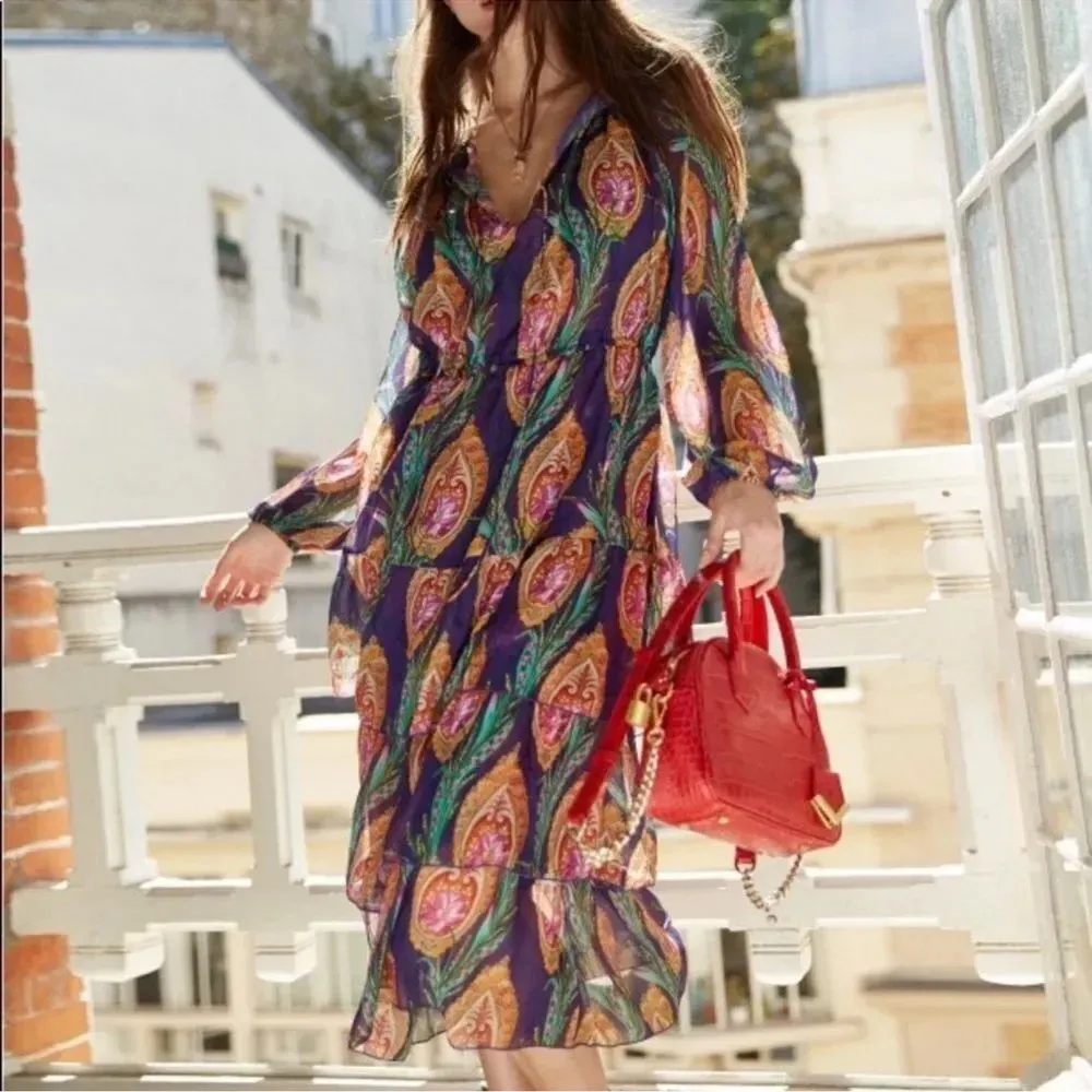 The Kooples Multicolor Purple‎ Hindu Flower Print Silk Midi Dress Small - Image 2