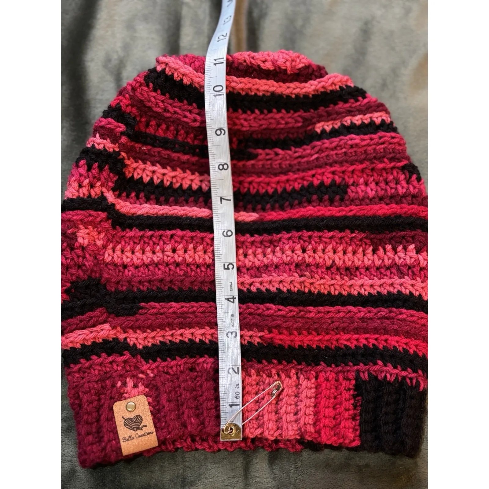 Handmade Crocheted Knit Slouchy Beanie Red/Black Adult Size Logo Bella Creations - Image 4