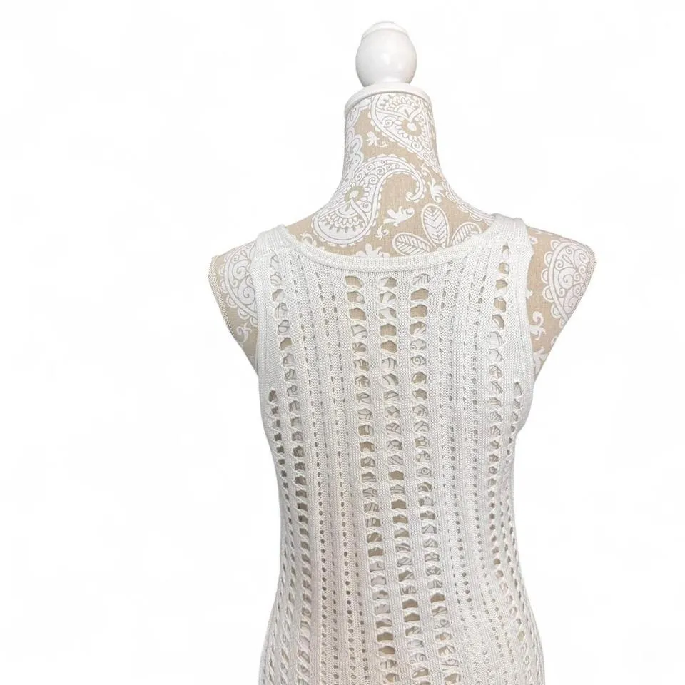 White Open Knit Crochet Sleeveless Cover Up Dress Size M Boho Cottage Core Size M - Image 5