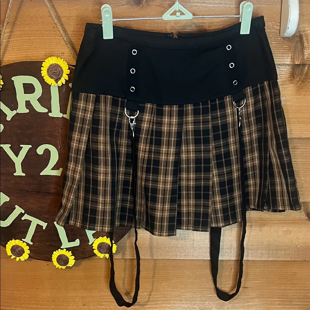 Social Collision Hot Topic Brown Plaid Pleated Suspender Skirt Med 29” SOLD OUT - Image 2