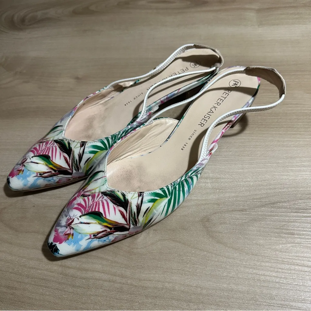 Peter Kaiser Patent Leather Sling Back Flats Womens‎ 8/39 Tropical Print Floral White - Image 7