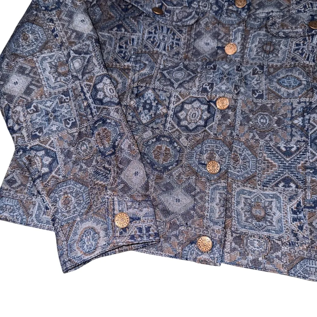 Vintage Bill Blass Tapestry Jacket Size Medium Boho Woven Pattern Trucker Style Blue - Image 3