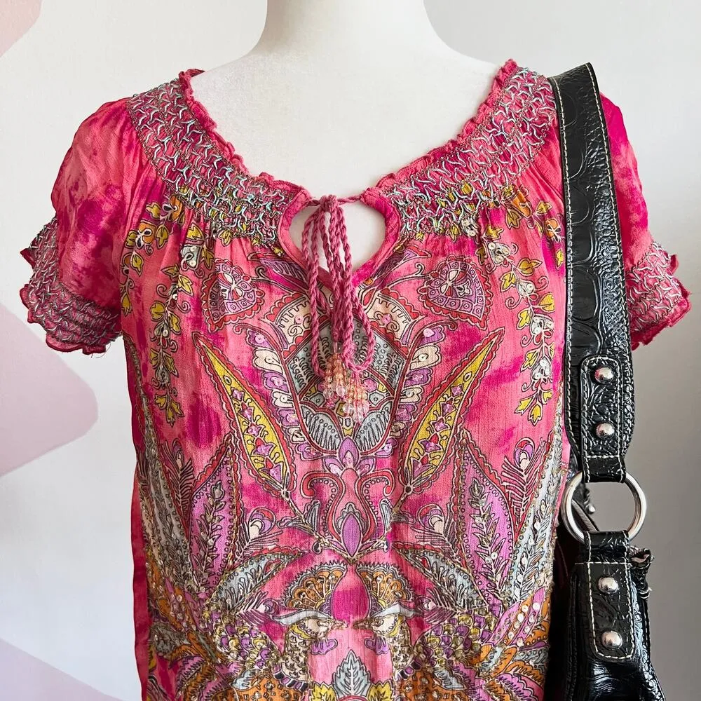 Paisley Peasant Sequin Top, Boho Chic Y2K Festival Hippie Eclectic Vintage Small Pink - Image 2