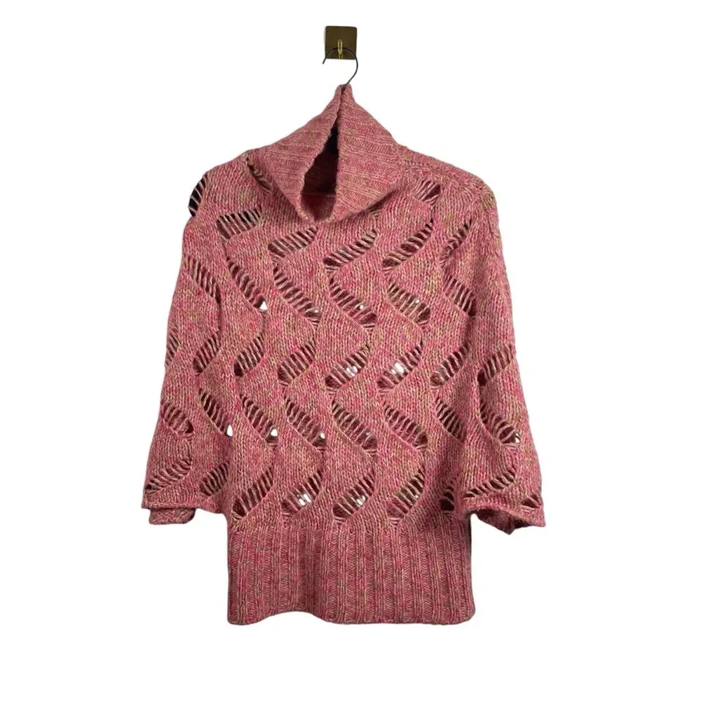 VINTAGE Sisley Open Knit Mock Neck Sweater Poncho in Pink Multi OS Size undefined - Image 5