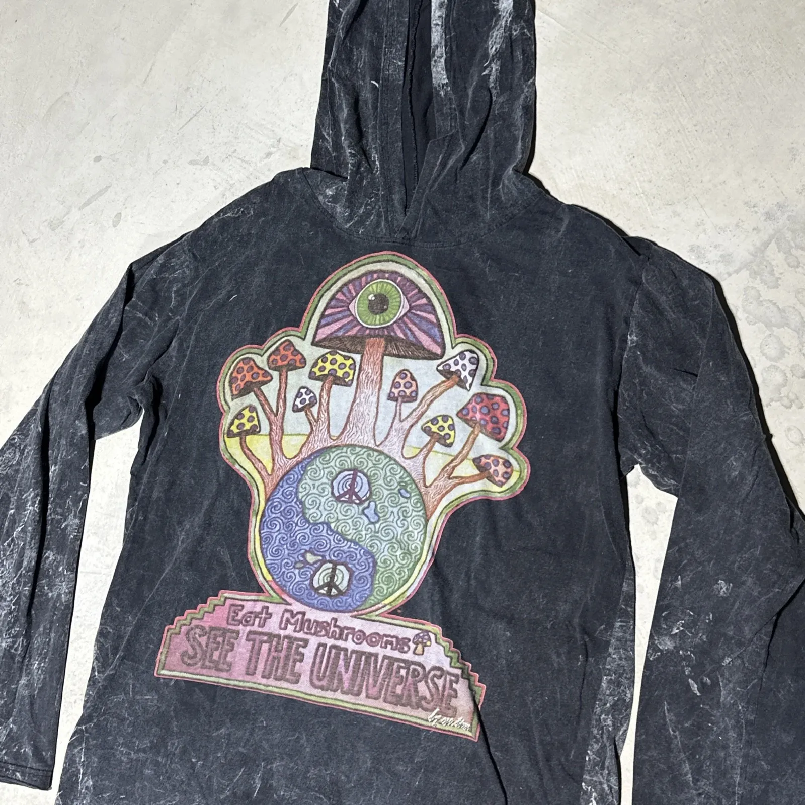 Kathmandu Imports Hoodie Unisex SZ L Black Tie Dye Mushroom Pullover Lightweight Size L - Image 2