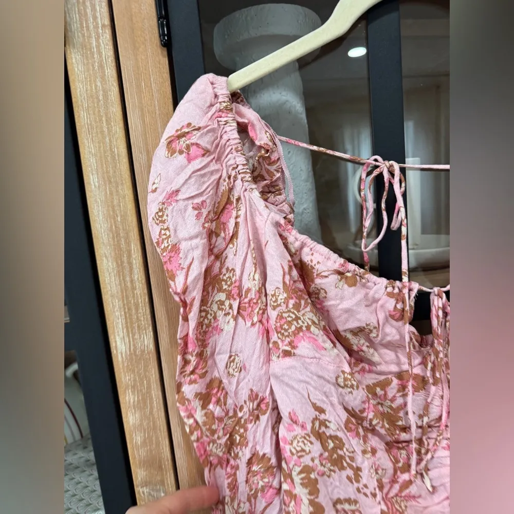 Free People floral top hillary square neck tie front long sleeve bow boho blush - Image 3