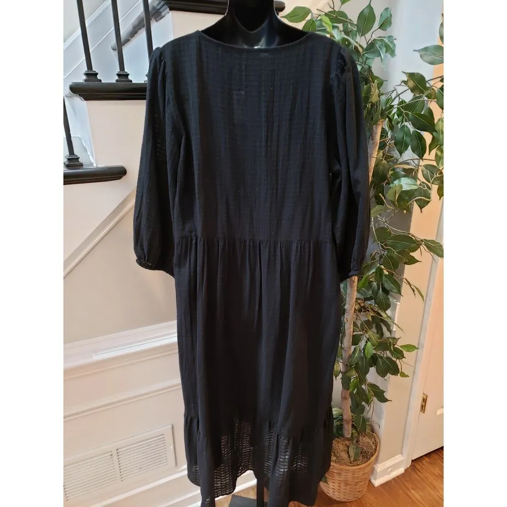 Gap Long Maxi Dress Womens Large Black Textured Tiered Hem Balloon Sleeve V Neck - Image 3