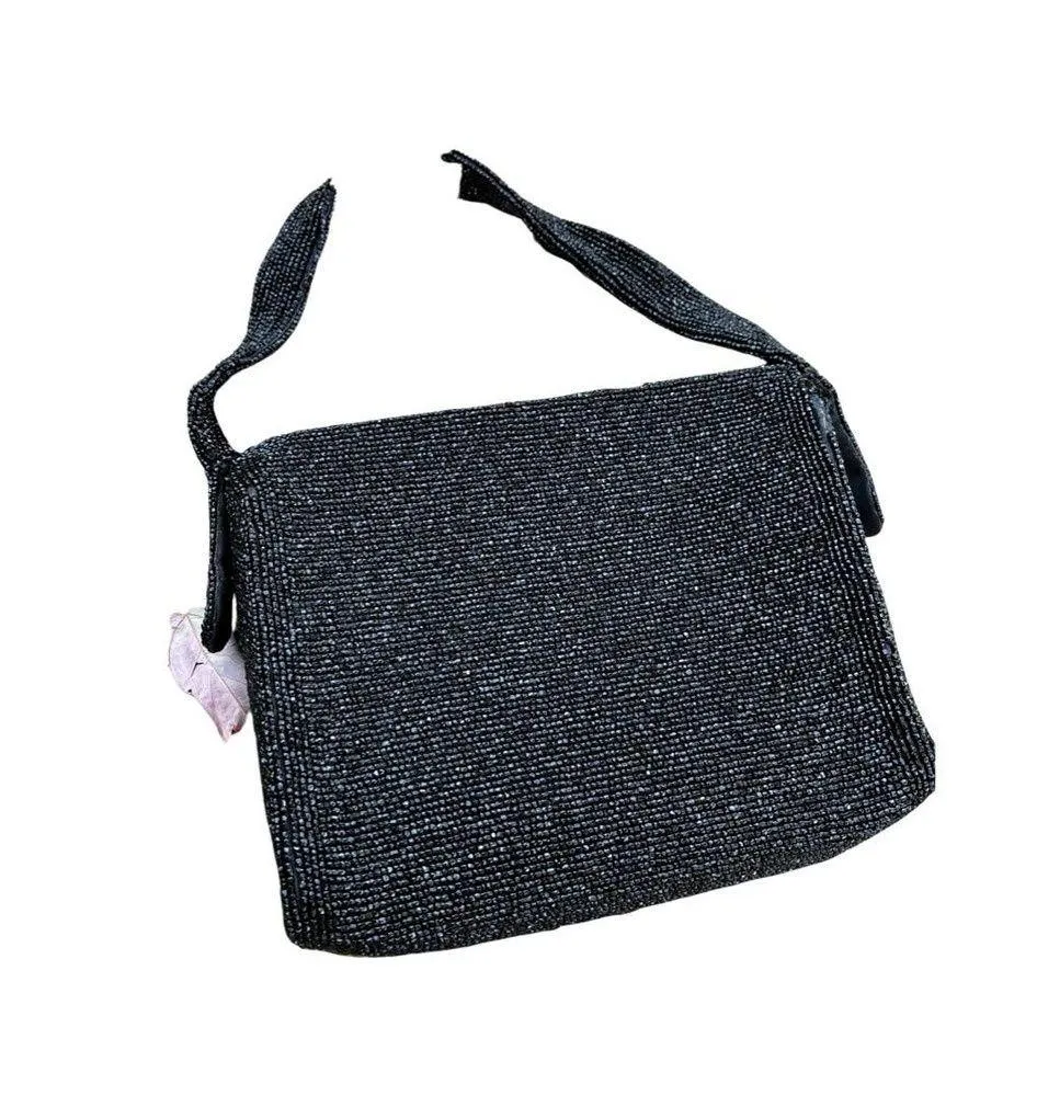 Vintage Black Beaded Hand Bag, 1950s Black Beaded Purse - Image 2