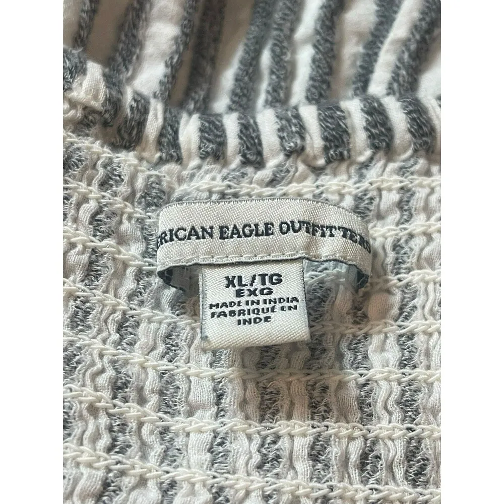 American Eagle Gray White Striped Rouched Bow Deep V-neck Textured Romper XL - Image 6