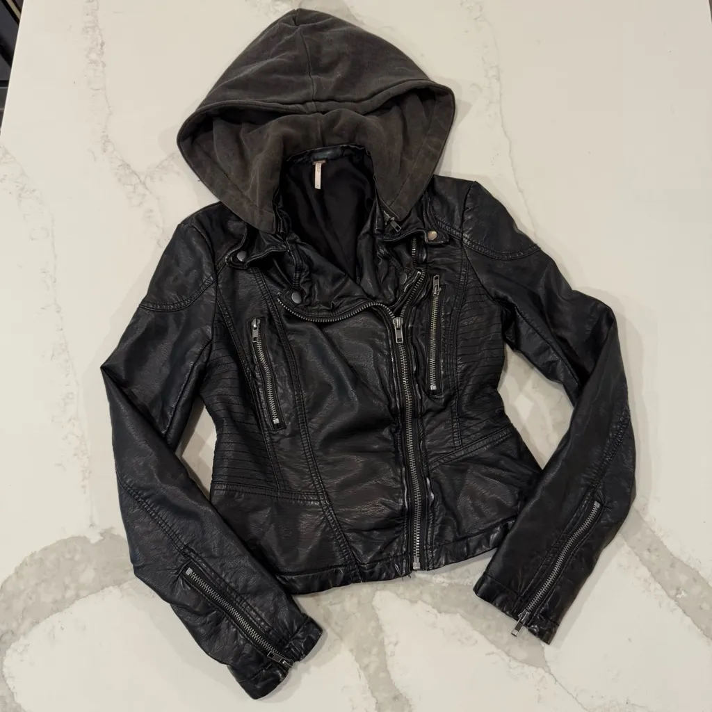Free People Vegan Leather Hooded Asymmetrical Moto Jacket Women’s 0 Black Biker - Image 3