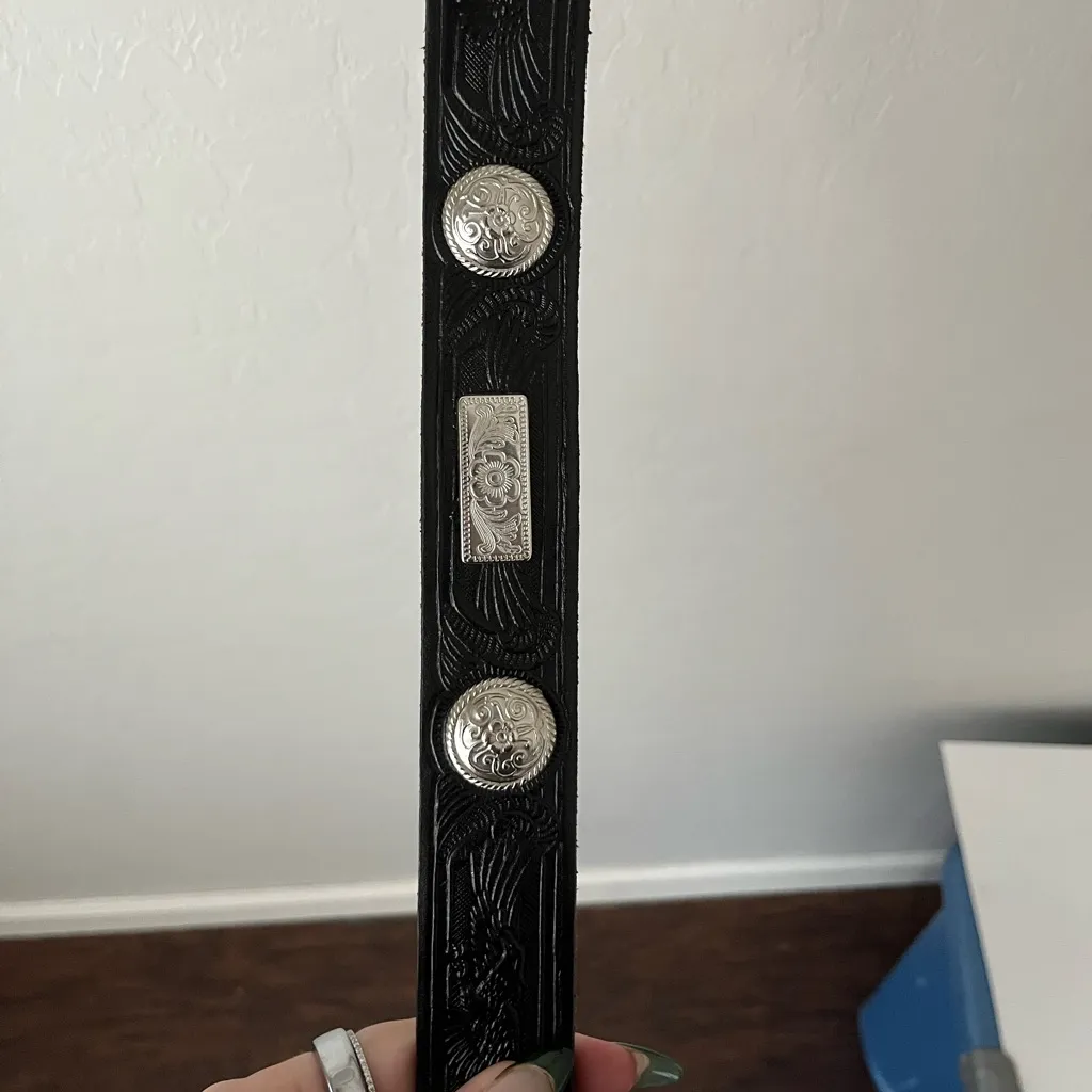 Western Embossed Tooled Leather Metal Detail Handmade Belt Black and Silver - Image 6