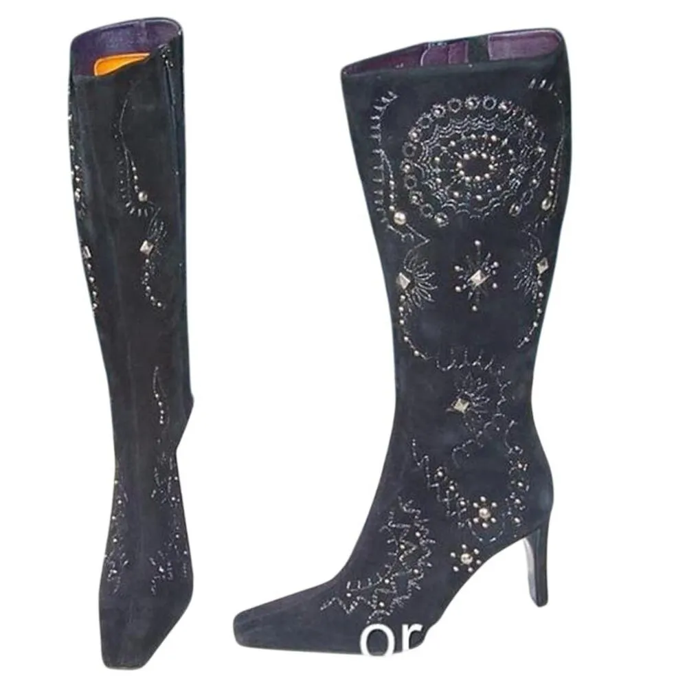 Donald Pliner Couture Suede Leather Boot Shoe New 7 Embroidery Grommets NIB $525 Black - Image 3