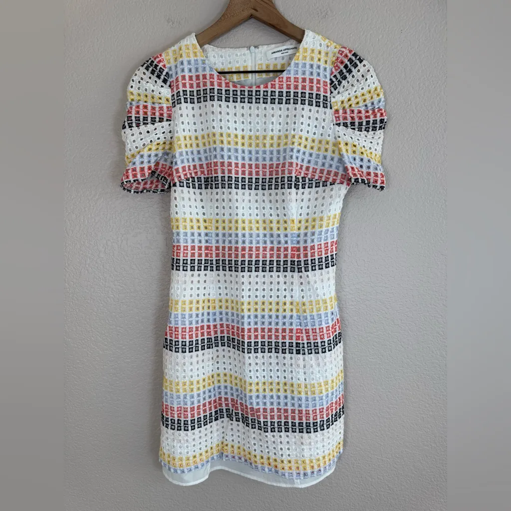 Amanda Uprichard New York Colorful Striped Eyelet Lace Cotton Mini Dress Small - Image 3