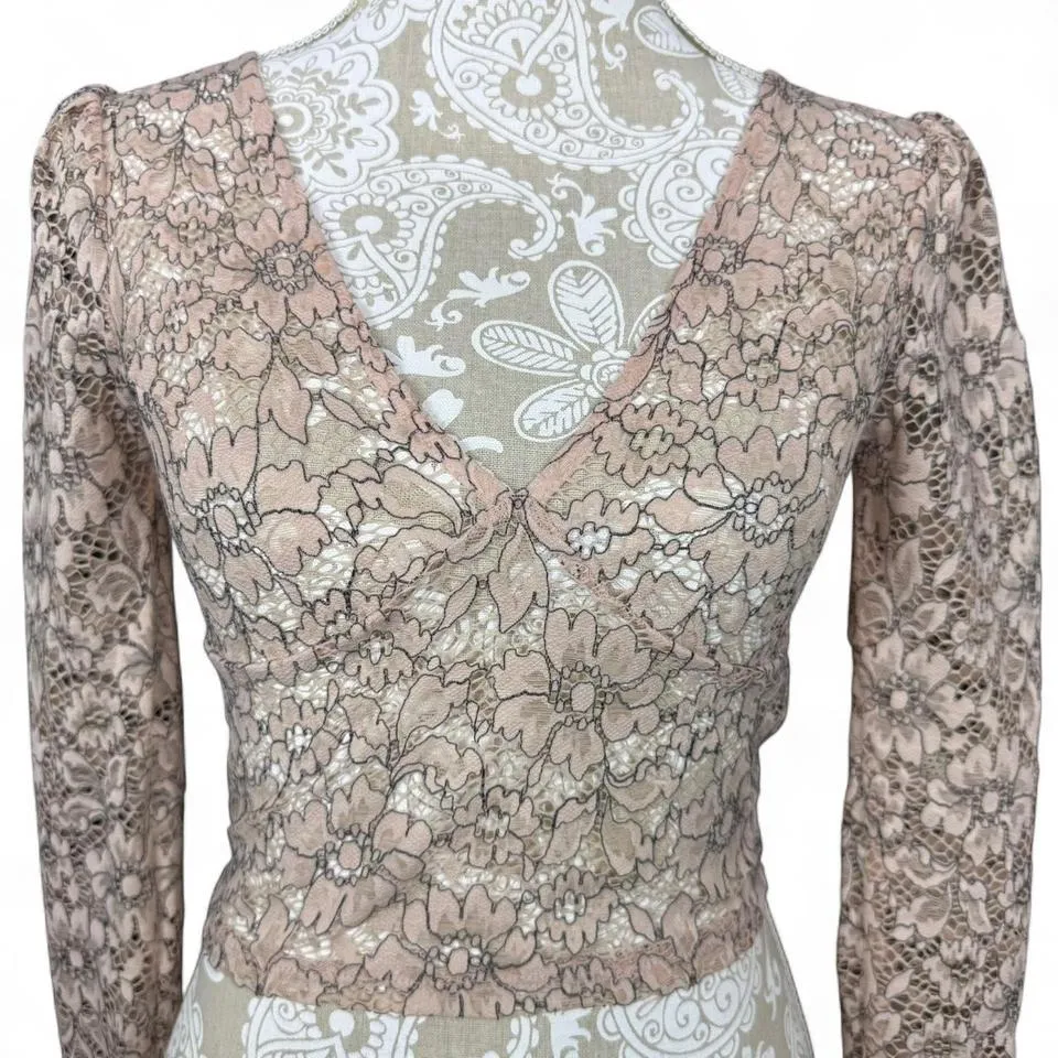 Top Shop Cropped Blush Pink T Shirt Sheer Lace Layer Going Out Romantic Floral - Image 2