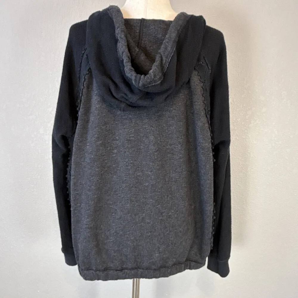 Free People Hooded Lace Inset Long Sleeve Sweater Size M Heather Black Cotton - Image 5