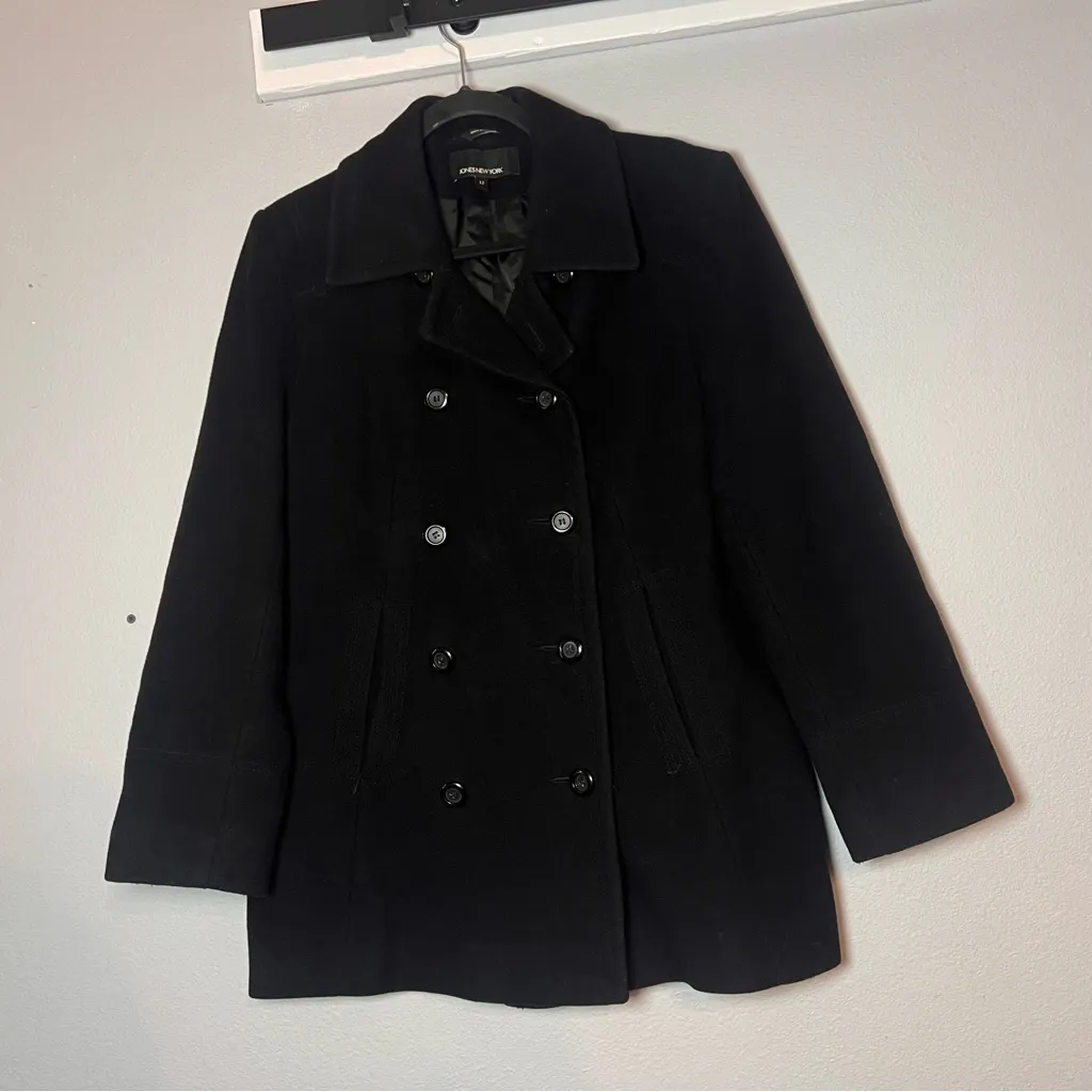 Jones New York Double Breasted Peacoat Wool Cashmere Blend Black Size 12 - Image 3