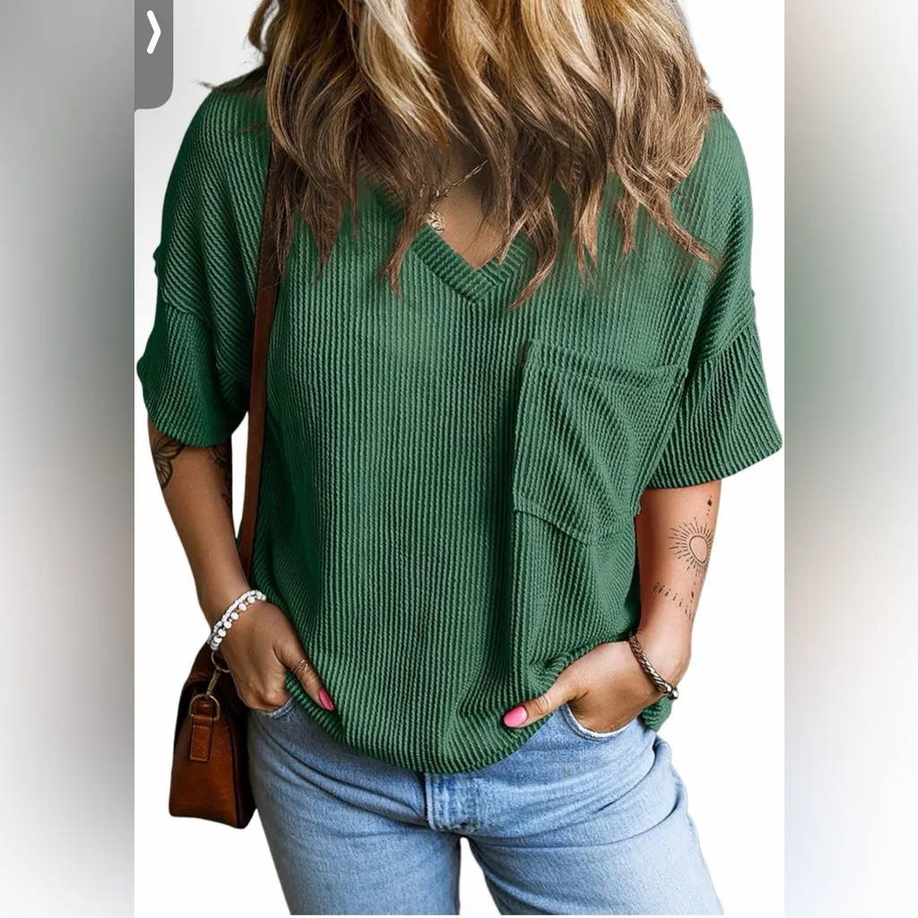 NEW Green Short Sleeve Ribbed Dressy Oversized T Shirt M Size M - Image 2