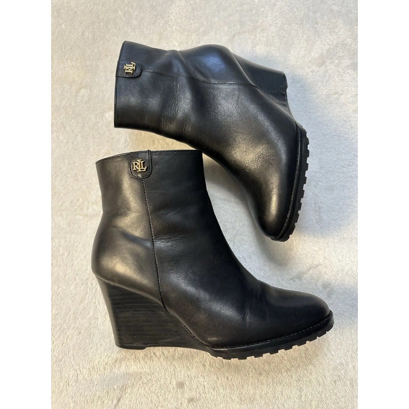 LAUREN Ralph Lauren Shaley black leather wedge ankle booties boots US 6 - Image 10