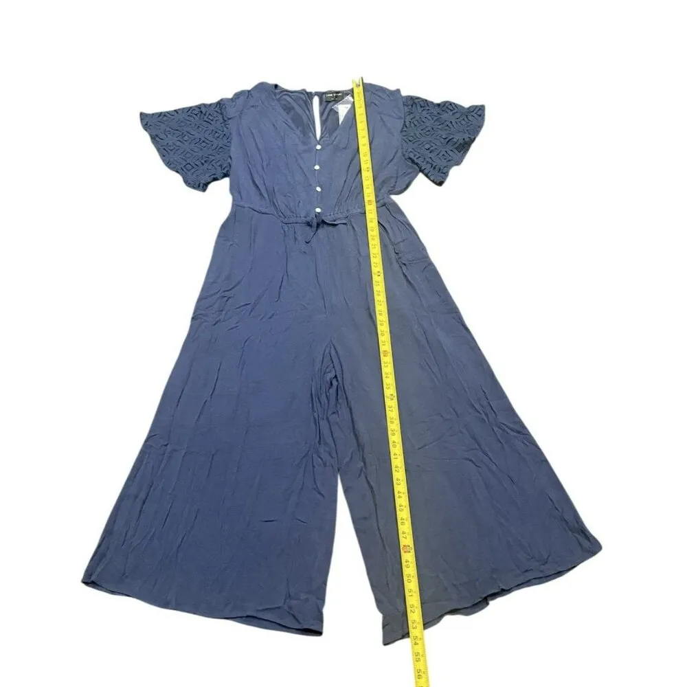 Lane Bryant Jumpsuit NWT 12 Navy One Piece Tie Waist Cottage Boho Lace‎ Sleeve - Image 5
