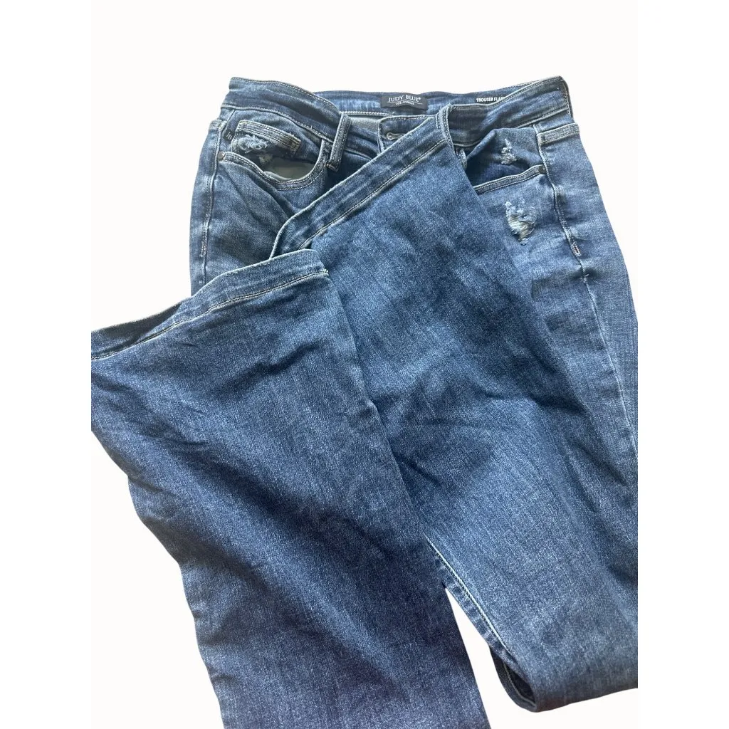Judy Blue Womens Distressed Trouser Flare Jeans Size 11/30 Med Wash Cotton Blend - Image 7