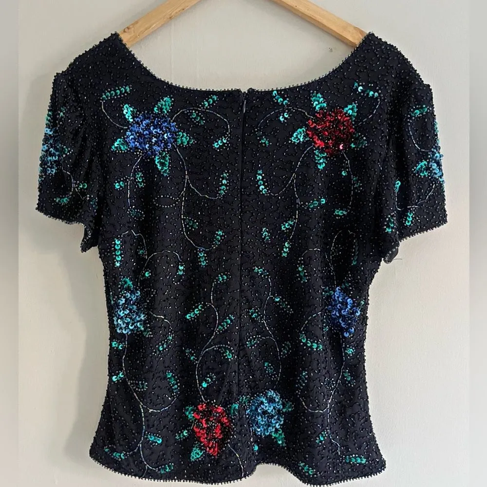 Vintage Brilliante Beaded Sequin Party Top M–L Black Floral Scoop Neck 80’s Size M - Image 9