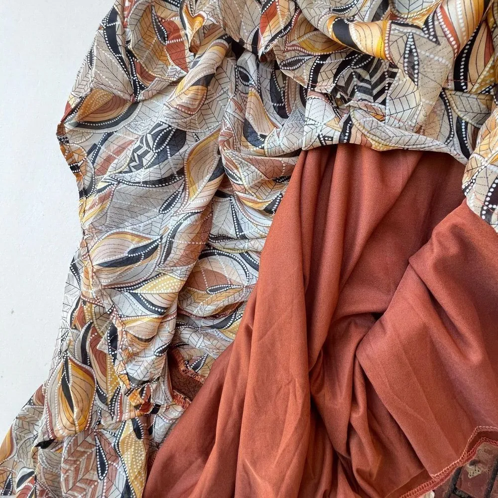 Sweet Salt Floral Long Sleeve Bohemian chic multicolor Key Hole Back Dress 12 Brown - Image 3