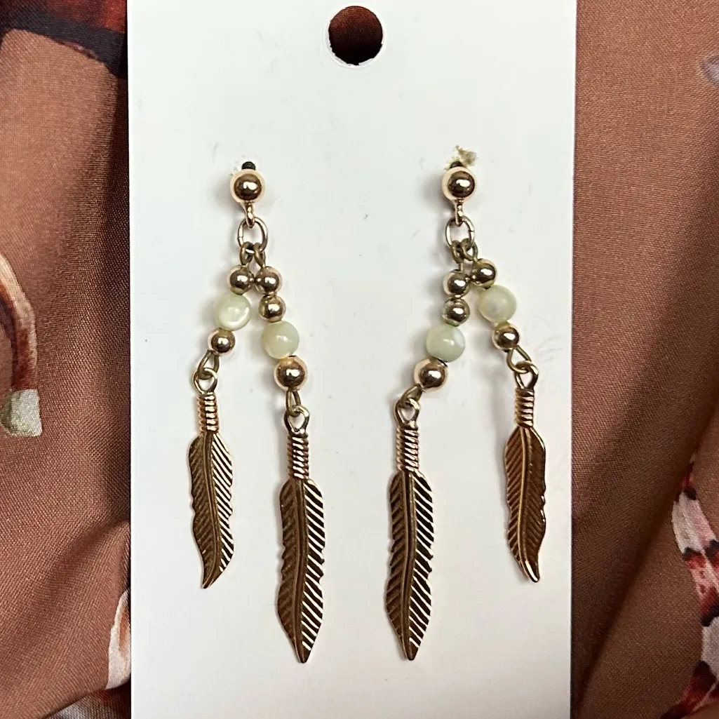 Gold Tone Boho Beaded Feather Dangle Earrings - Image 3