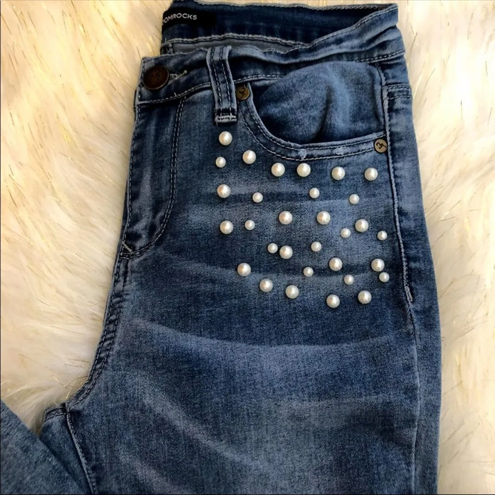 BLOOMROCKS Melrose Pearls Fray Cuff Ankles Jeans Blue Size 28 - Image 9
