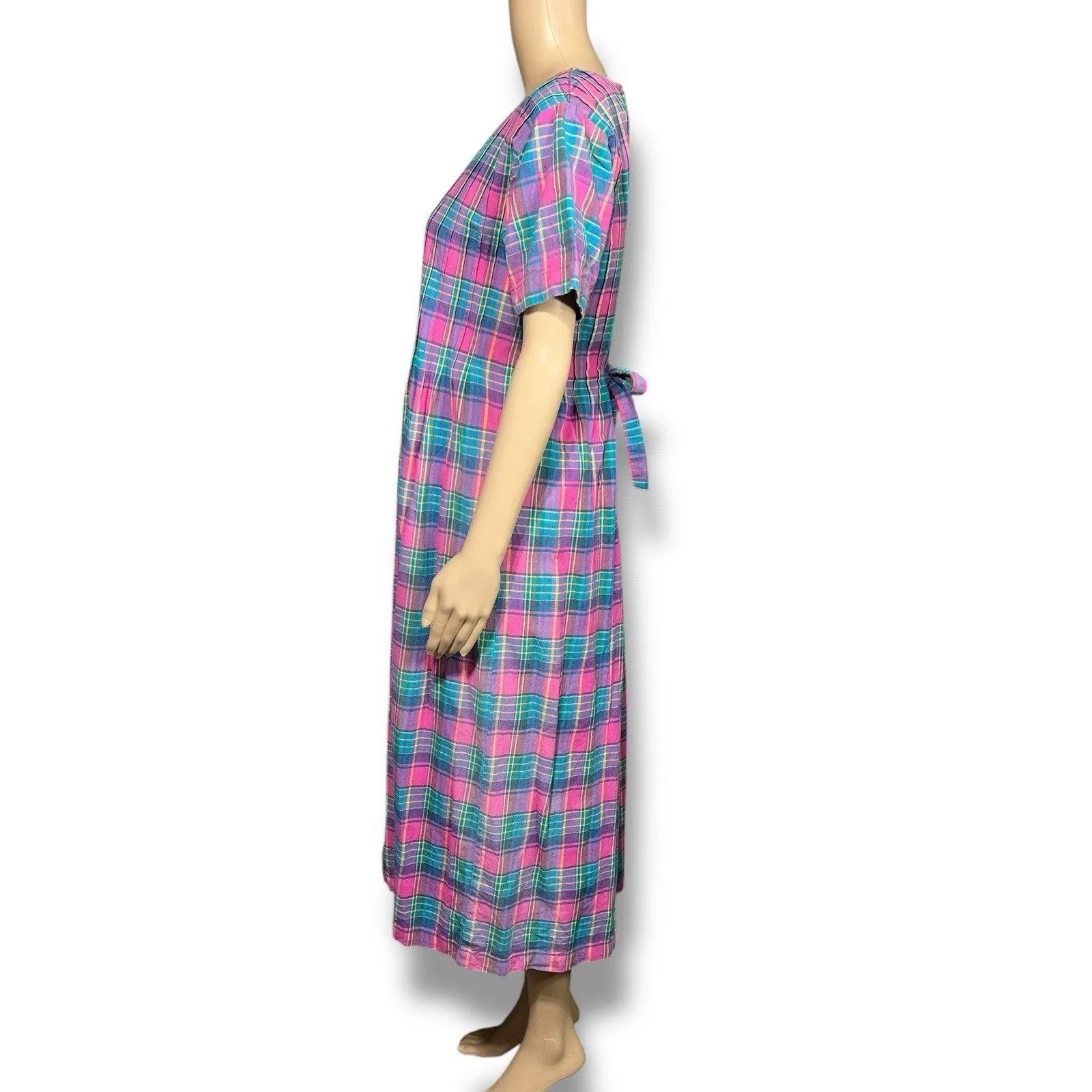 Vintage 90s Two Twenty Prairie Plaid Pleated Midi Shirt Dress Cotton Pink Small - Image 5