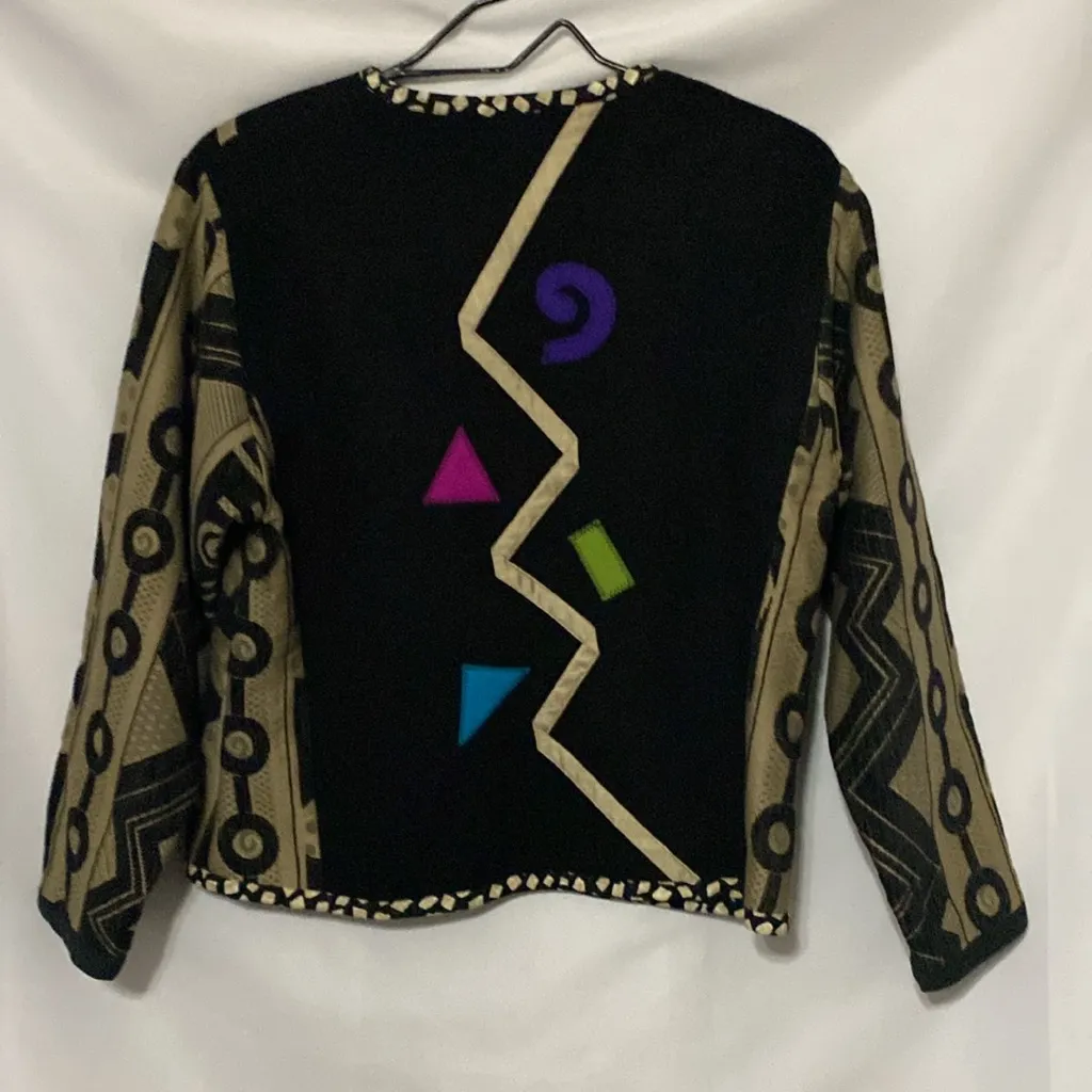 LYNN MURRAY WO SIZE SMALL 100% WOOL Colorful Geometric Patterned Jacket EUC Black - Image 10