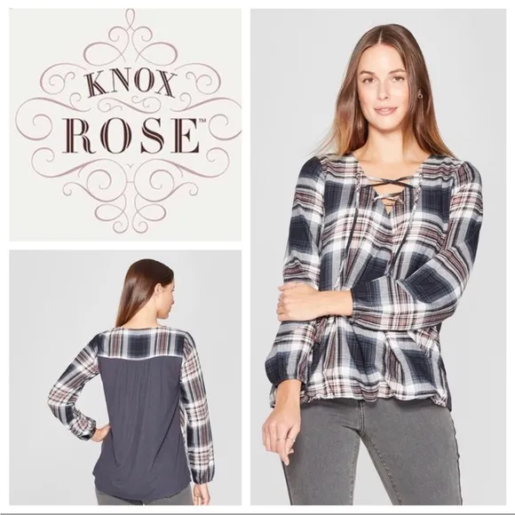 Knox Rose plaid wrap style top lace up neckline Large - Image 2
