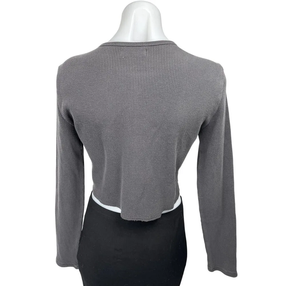 Madewell Women's Gray Waffle Knit Long Sleeve Crew Neck Crop Sweater Top Size M - Image 2