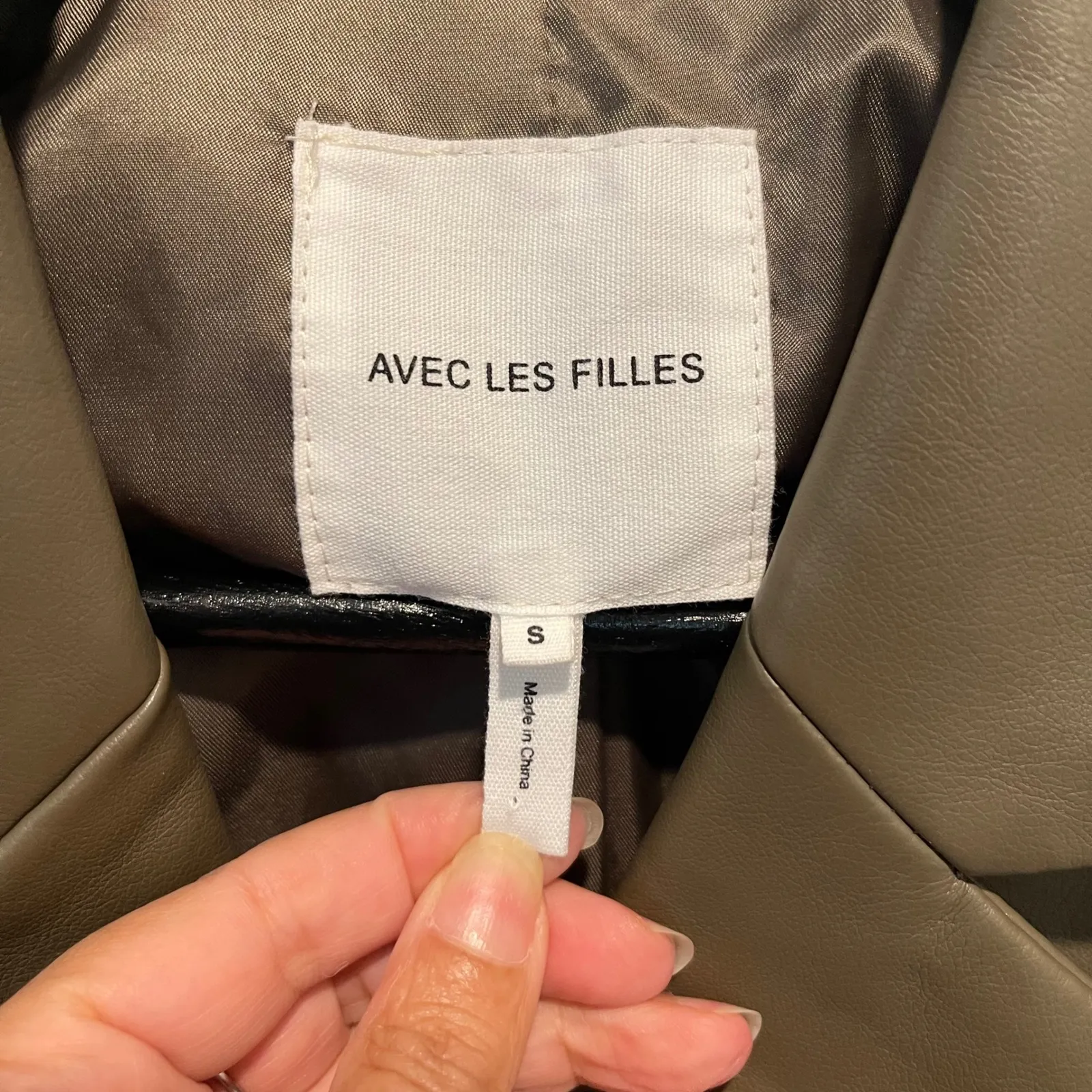 Avec Les Filles Cropped Faux Leather Blazer Taupe Green Single Button Women's S - Image 6