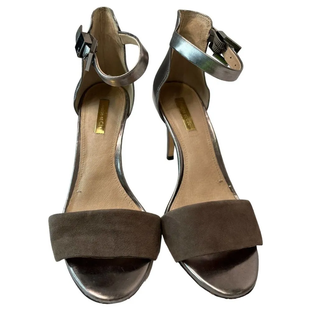 Louise Et Cie Shoes Womens 7.5 Ankle Strap Lo Olive Chrome Metallic Heels Silver - Image 8