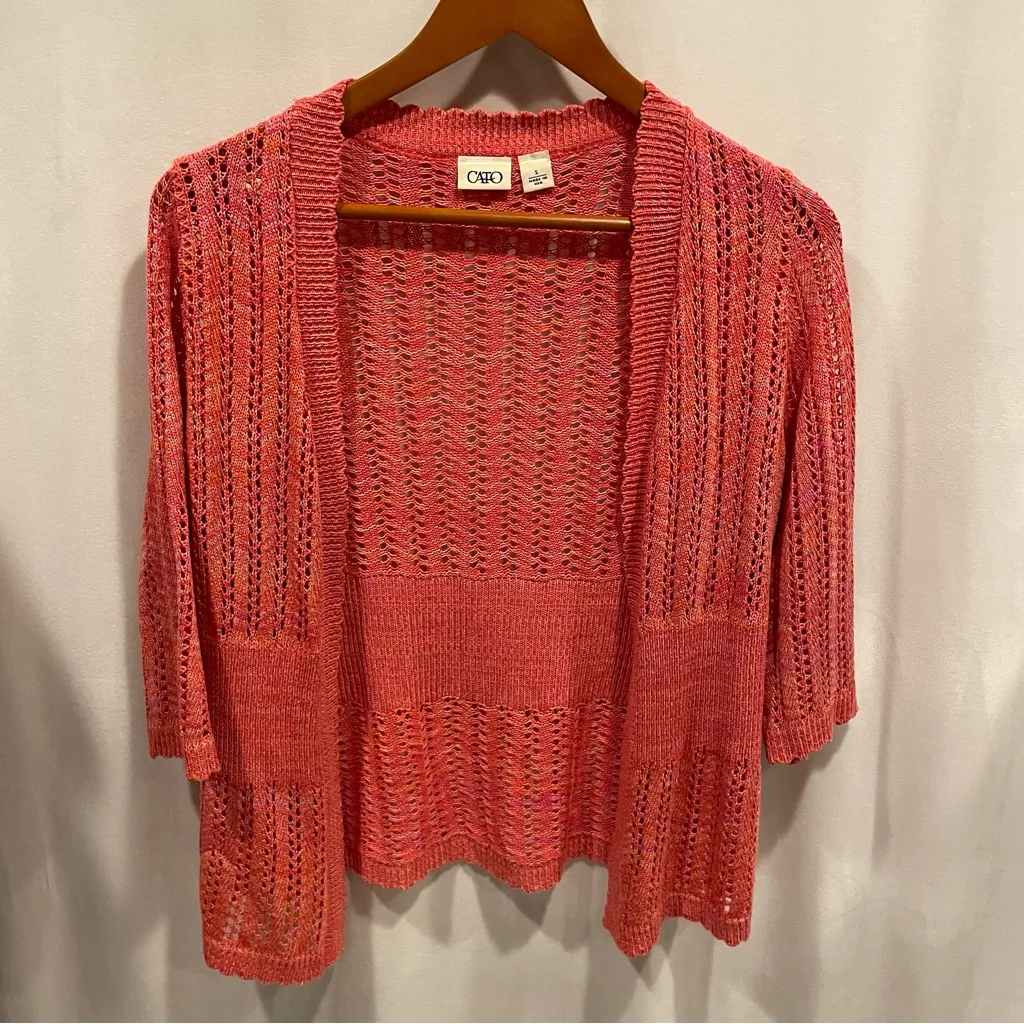 Cute Cato peachy crochet scalloped trim open front 3/4 sleeve sweater cardigan - Image 6