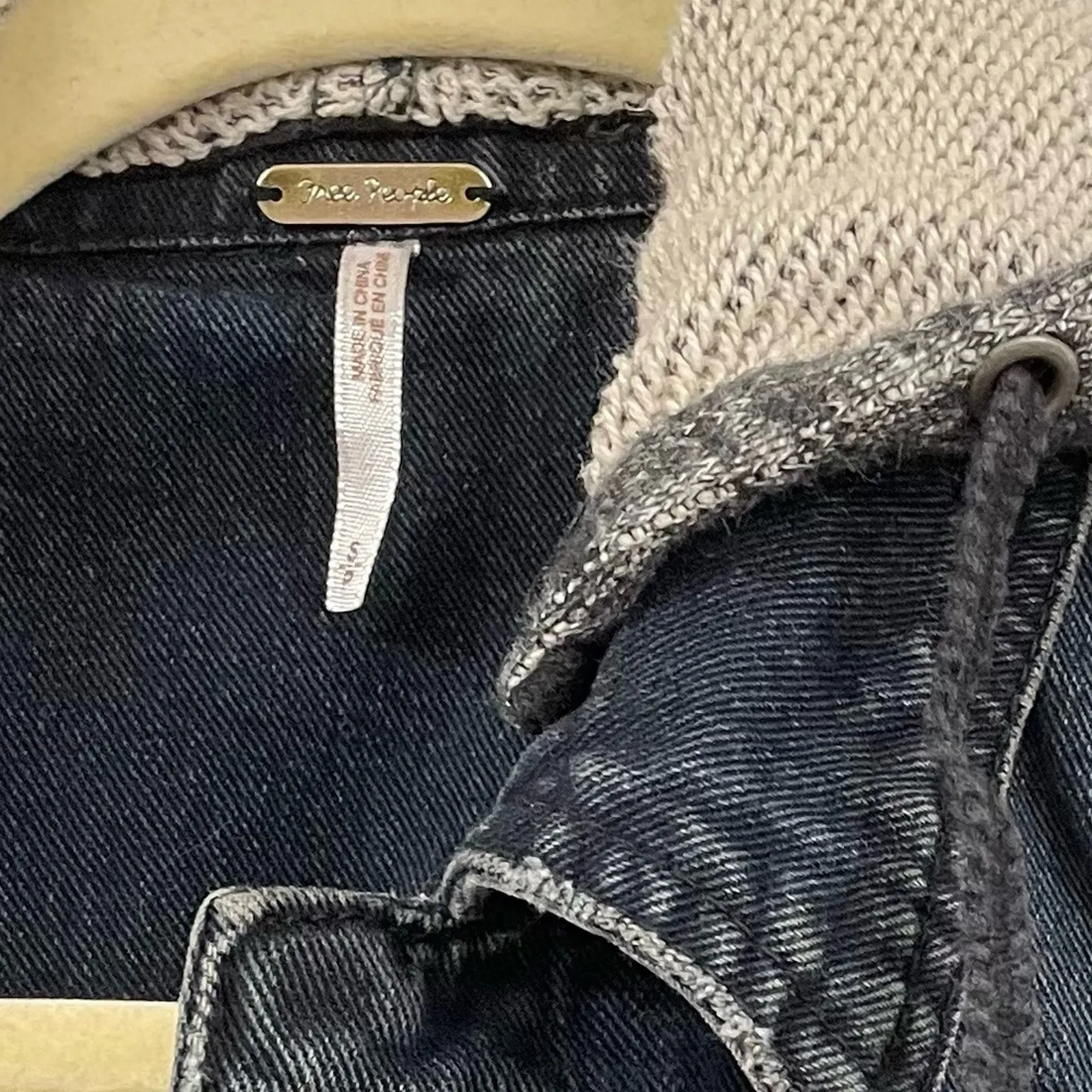 Free People Denim Hoodie Jacket With Grey Sweater Sleeve Womens S Blue Jean - Image 10