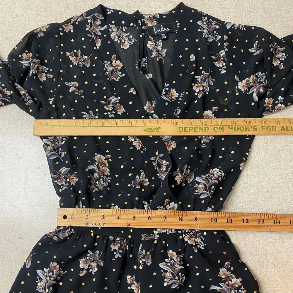 Lulus XS Midnight Voyage Golden Dot Floral Black Print Romper Belt - Image 9