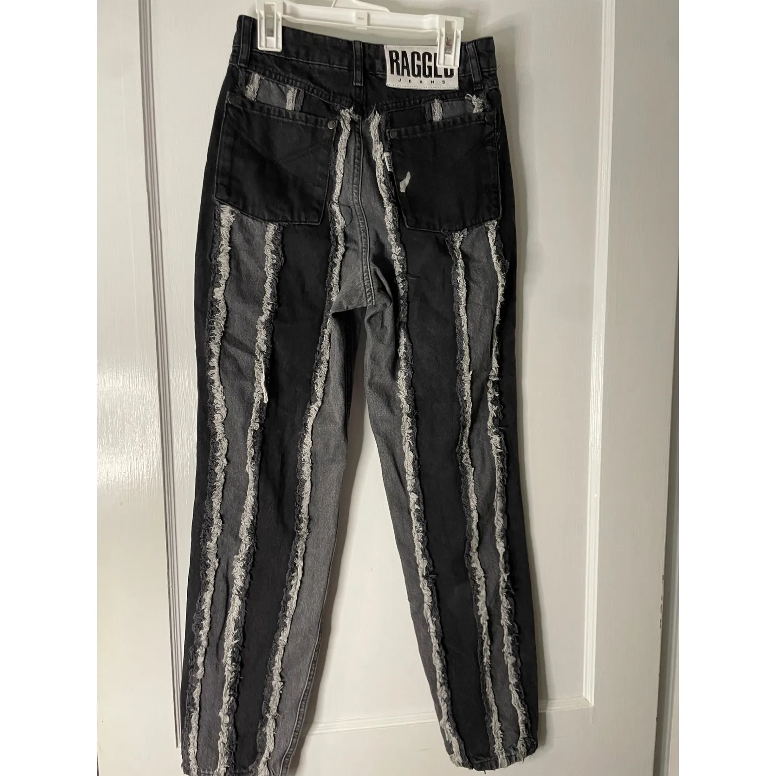 Ragged Jeans Black Gray High Waisted Distressed Stripe Punk Rock Denim Size 24 - Image 2