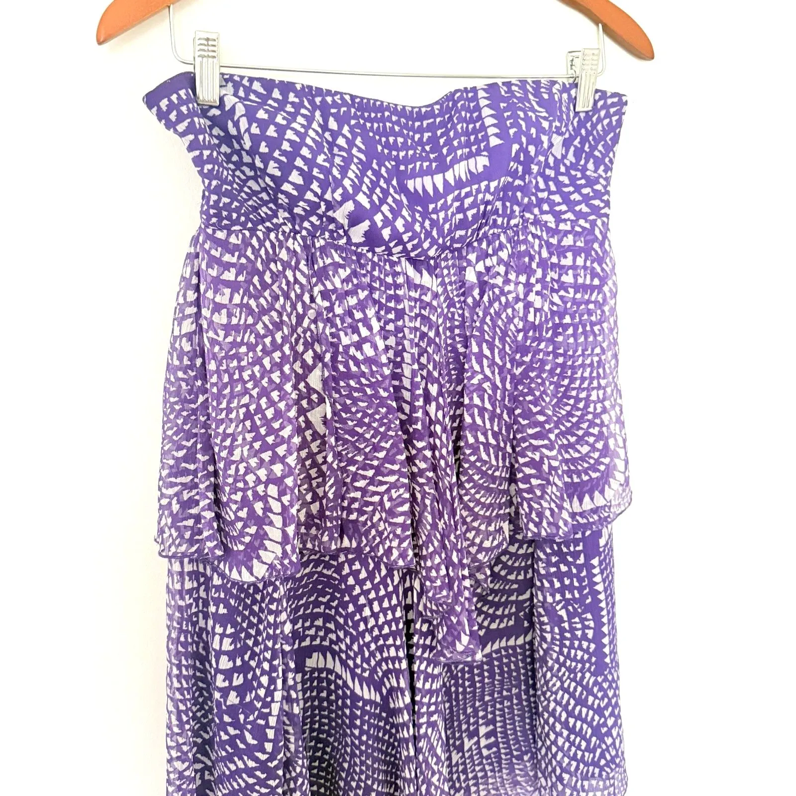 Y2K BCBG Max Azria Silk Strapless Mini Dress Purple Wisteria Print Tiered Sz S - Image 10