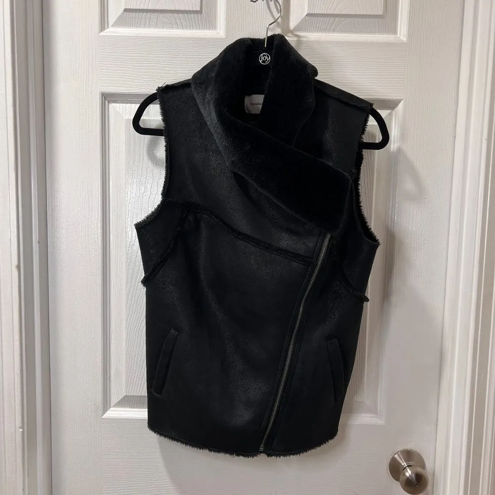 Chic Black Faux Shearling Moto Vest Asymmetrical Zip Front Sleeveless‎ Jacket Size M - Image 3