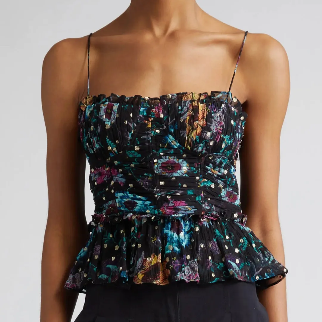 Ulla Johnson Camisole Amabel Silk Floral Ruched Crop Top Black Blue Size 0 - Image 6