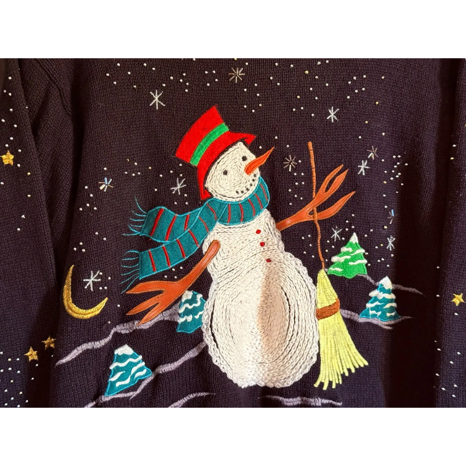 Vtg Designers Studio Ho Ho Ho Embellished Snowman Christmas Sweater Size Large Black - Image 7