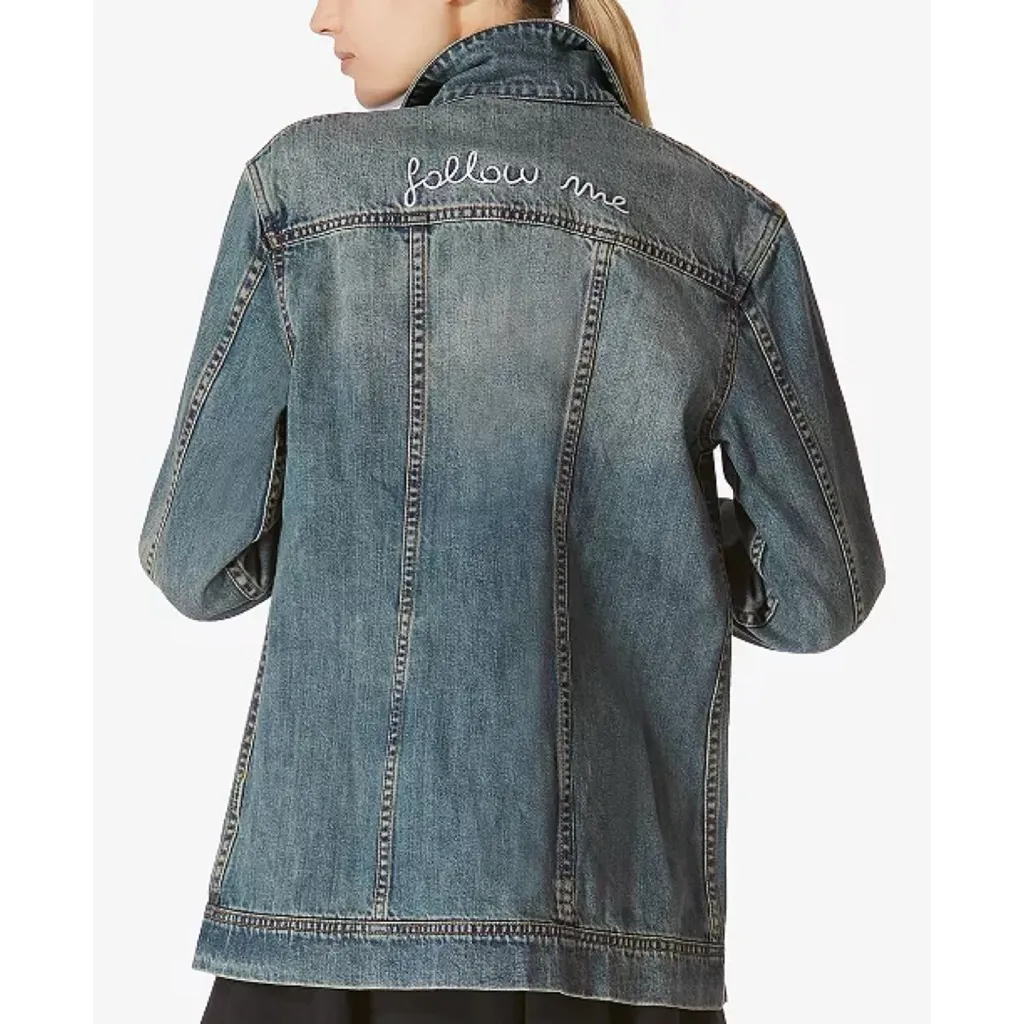 Avec Les Filles | Follow Me Embroidered Cotton Longline Denim Jacket - Image 2