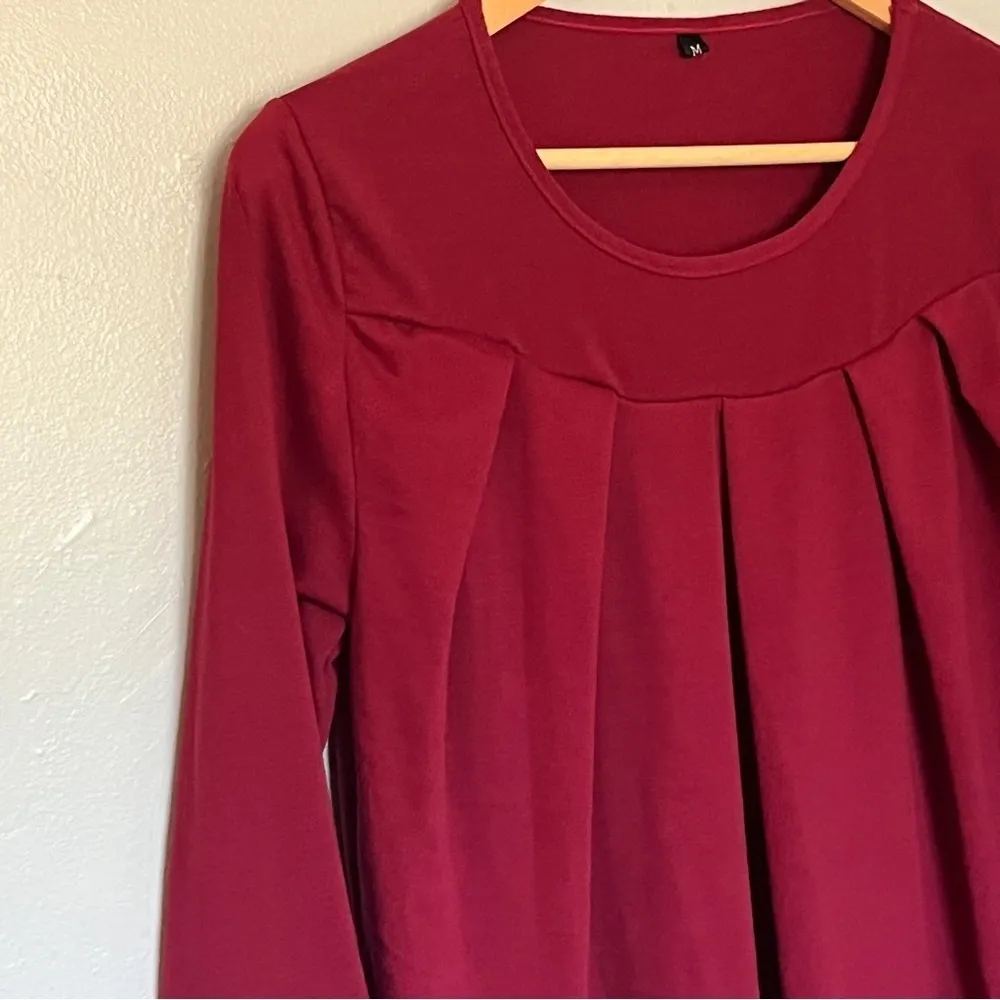 Women Pleated Flowy Top 3/4 Roll Sleeve Casual Loose Blouse Red Medium - Image 4