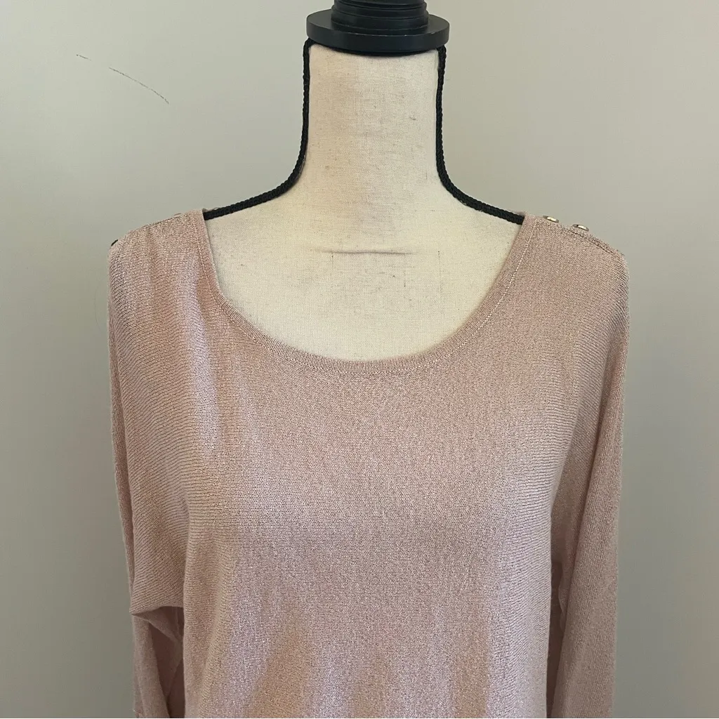 Y2K Metallic Pink Sweater Dress Medium Pastel Cream Cold Shoulder‎ Ribbed Mature - Image 5