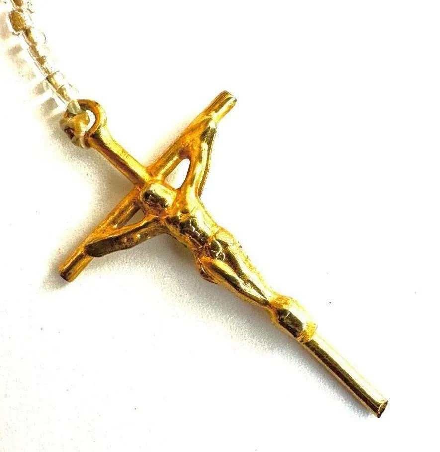 Pink glass rosary with gold tone cross - Image 2