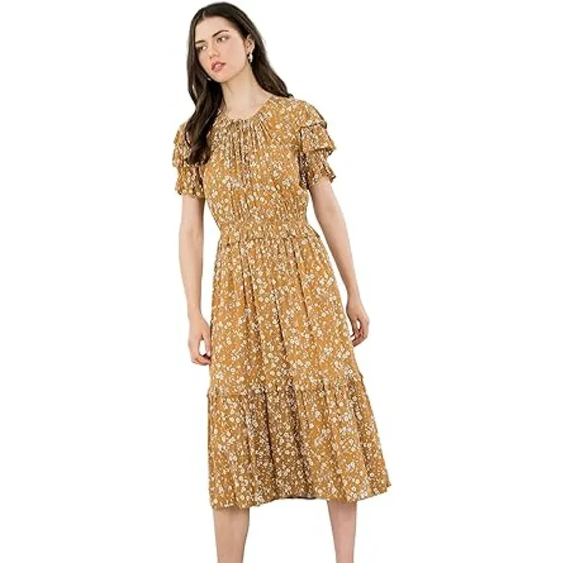 THML Floral‎ Tiered Ruffle Midi Dress Mustard Size XS - Image 3