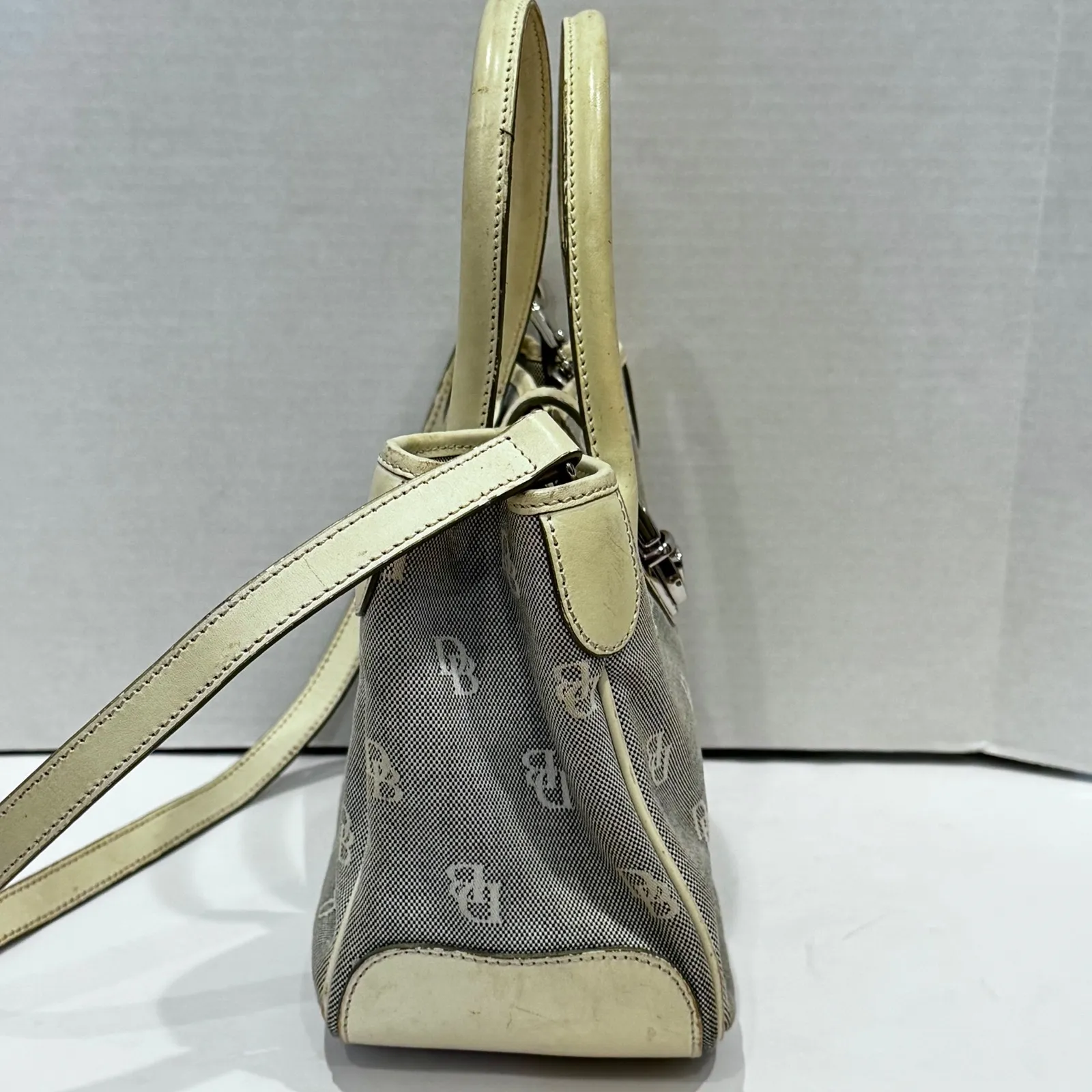 Dooney & Bourke Monogram Canvas Leather Trim Satchel Bag Cream Beige Pink Liner - Image 5