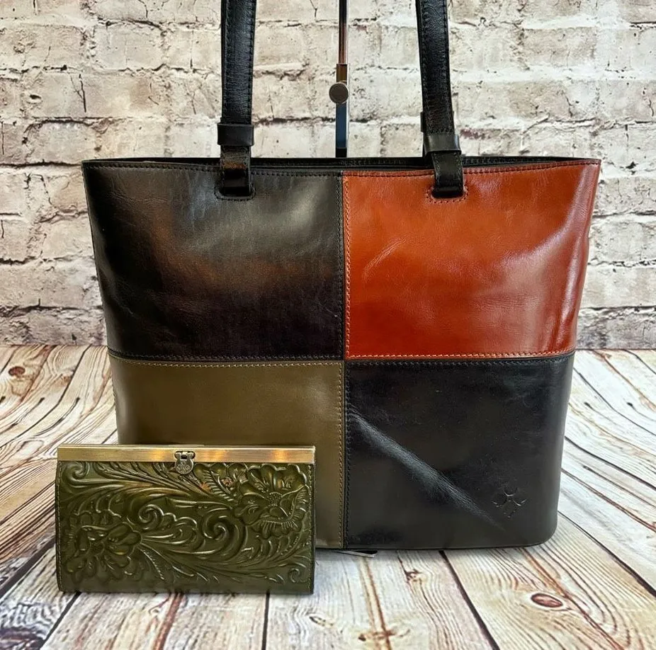 Patricia Nash Bundle Tooled Cauchy Wallet Braden Tote Colorblock Olive Leather - Image 1